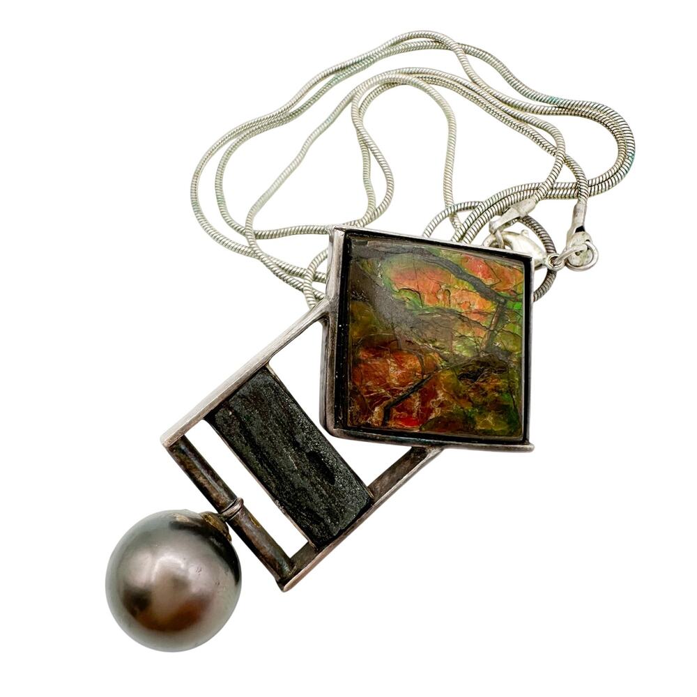 Ammolite Pendant Sterling Silver Necklace | Black Tourmaline? Black Pearl Signed